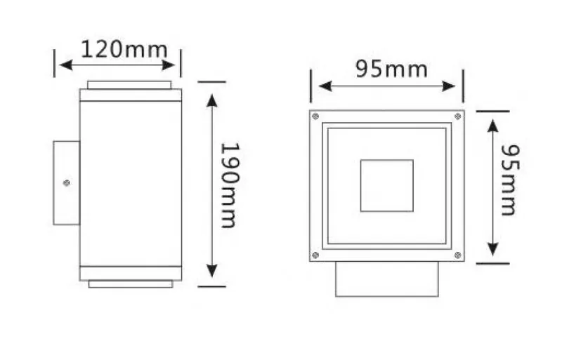 Чертёж Светодиодный архитектурный светильник 8W*2 IP65 DC24V / AC100-277V 95*95*190мм